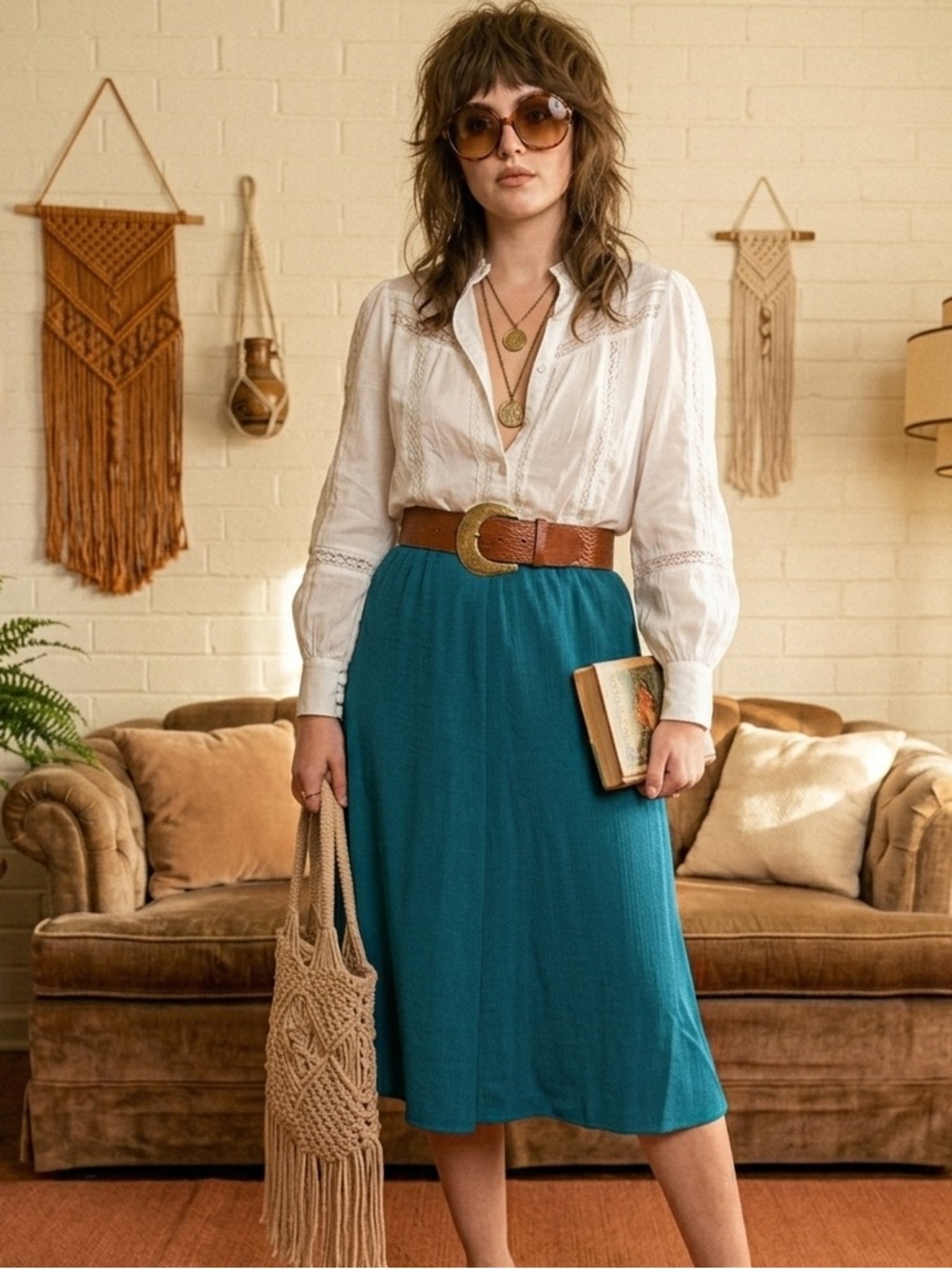Vintage 70s Teal Textured Midi Skirt // Mod Minimalist High Waist Flowy Skirt L - Picture 2 of 6
